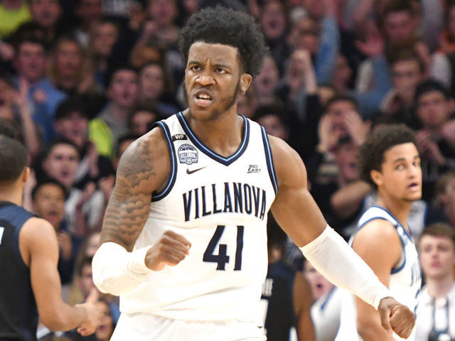 VILLANOVA, PA - JANUARY 21: Saddiq Bey #41 of the Villanova Wildcats celebrates a shot during a college basketball game against the Butler Bulldogs at the Finneran Pavilion on January 21, 2020 in Villanova, Pennsylvania.
