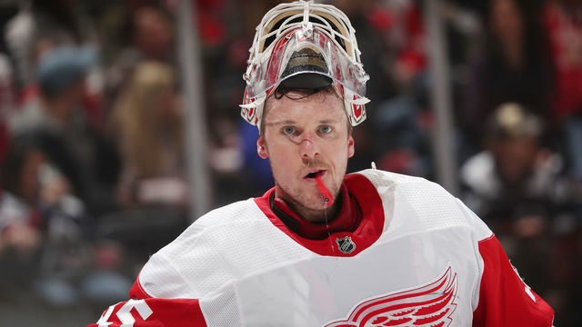 DENVER, COLORADO - JANUARY 20: Goaltender Jimmy Howard #35 of the Detroit Red Wings looks on during a break in the action against the Colorado Avalanche at Pepsi Center on January 20, 2020 in Denver, Colorado.