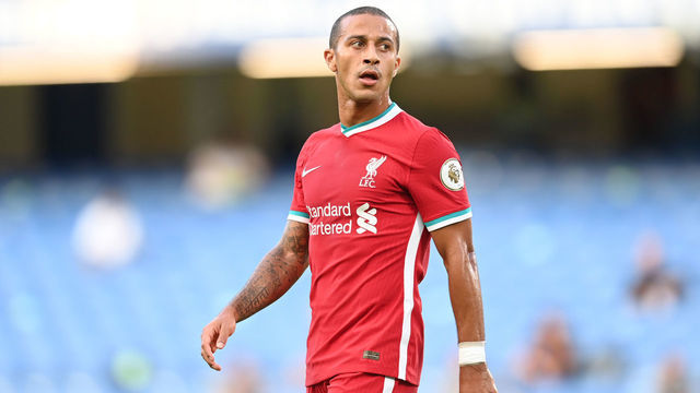 LONDON, ENGLAND - SEPTEMBER 20: Thiago Alcantara of Liverpool looks on during the Premier League match between Chelsea and Liverpool at Stamford Bridge on September 20, 2020 in London, England.