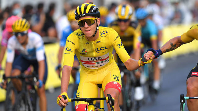PARIS, FRANCE - SEPTEMBER 20: Arrival / Tadej Pogacar of Slovenia and UAE Team Emirates Yellow Leader Jersey / Celebration / during the 107th Tour de France 2020, Stage 21 a 122km stage from Mantes-La-Jolie to Paris Champs-Élysées / #TDF2020 / @LeTour / on September 20, 2020 in Paris, France.
