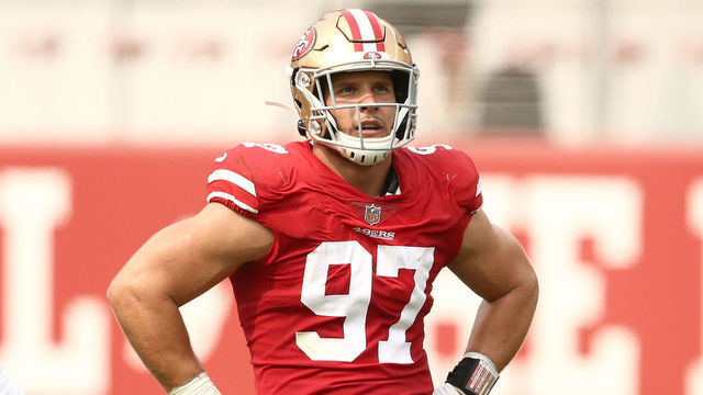 SANTA CLARA, CALIFORNIA - SEPTEMBER 13: Nick Bosa #97 of the San Francisco 49ers stands on the field during their game against the Arizona Cardinals at Levi's Stadium on September 13, 2020 in Santa Clara, California.