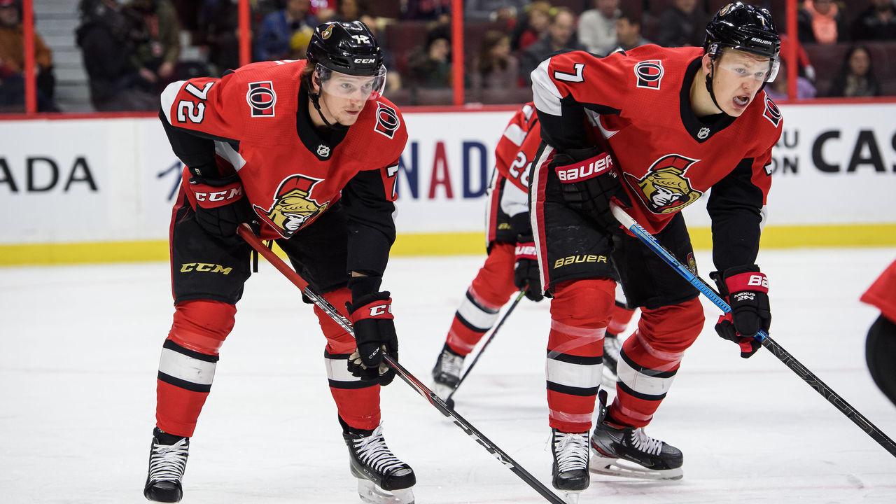 OTTAWA, ON - DECEMBER 19: Ottawa Senators Defenceman Thomas Chabot (72) and Ottawa Senators Left Wing Brady Tkachuk (7) line up for a face-off during the first period of the NHL game between the Ottawa Senators and the Nashville Predators on Dec. 19, 2019 at the Canadian Tire Centre in Ottawa, Ontario, Canada.
