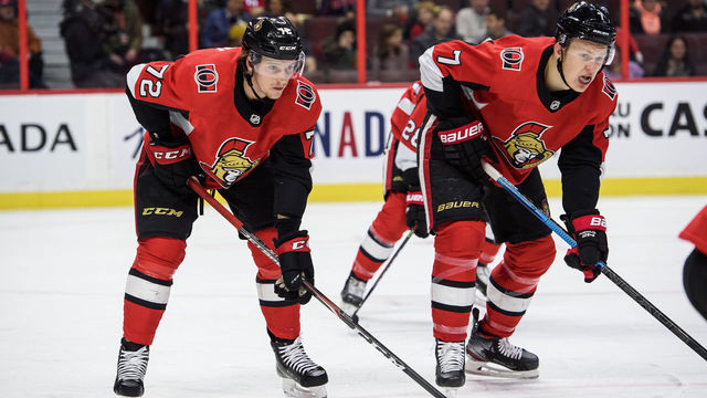 OTTAWA, ON - DECEMBER 19: Ottawa Senators Defenceman Thomas Chabot (72) and Ottawa Senators Left Wing Brady Tkachuk (7) line up for a face-off during the first period of the NHL game between the Ottawa Senators and the Nashville Predators on Dec. 19, 2019 at the Canadian Tire Centre in Ottawa, Ontario, Canada.