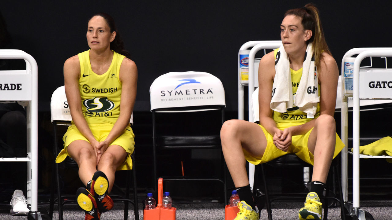 PALMETTO, FL - SEPTEMBER 06: Sue Bird #10 and Breanna Stewart #30 of the Seattle Storm on the bench during the game against the Minnesota Lynx on September 6, 2020 at Feld Entertainment Center in Palmetto, Florida. NOTE TO USER: User expressly acknowledges and agrees that, by downloading and/or using this Photograph, user is consenting to the terms and conditions of the Getty Images License Agreement. Mandatory Copyright Notice: Copyright 2020 NBAE