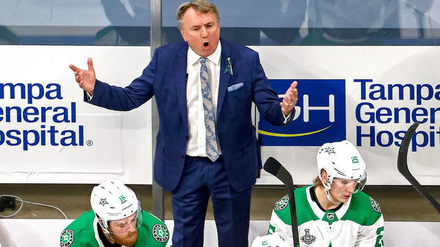 EDMONTON, ALBERTA - SEPTEMBER 19: Head coach Rick Bowness of the Dallas Stars reacts during the first period against the Tampa Bay Lightning Game One of the 2020 NHL Stanley Cup Final at Rogers Place on September 19, 2020 in Edmonton, Alberta, Canada.