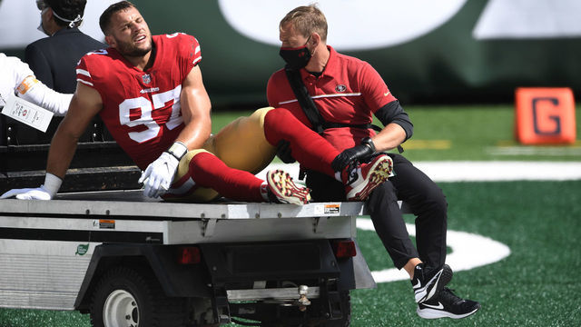 EAST RUTHERFORD, NEW JERSEY - SEPTEMBER 20: Nick Bosa #97 of the San Francisco 49ers is carted off the field after sustaining an injury during the first half against the New York Jets at MetLife Stadium on September 20, 2020 in East Rutherford, New Jersey.