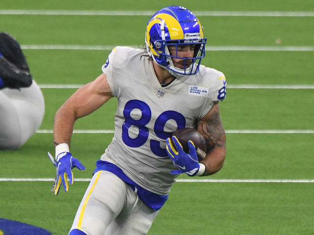 INGLEWOOD, CA - SEPTEMBER 13: Tight end Tyler Higbee #89 of the Los Angeles Rams catches a pass and runs for a first down against middle linebacker Jaylon Smith #54 of the Dallas Cowboys in the first half of a NFL football game on opening night at SoFi Stadium in Inglewood on Sunday, September 13, 2020.