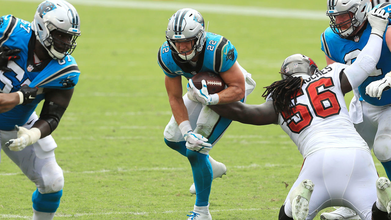 TAMPA, FLORIDA - SEPTEMBER 20: Christian McCaffrey #22 of the Carolina Panthers runs with the ball during the second half against the Tampa Bay Buccaneers at Raymond James Stadium on September 20, 2020 in Tampa, Florida.