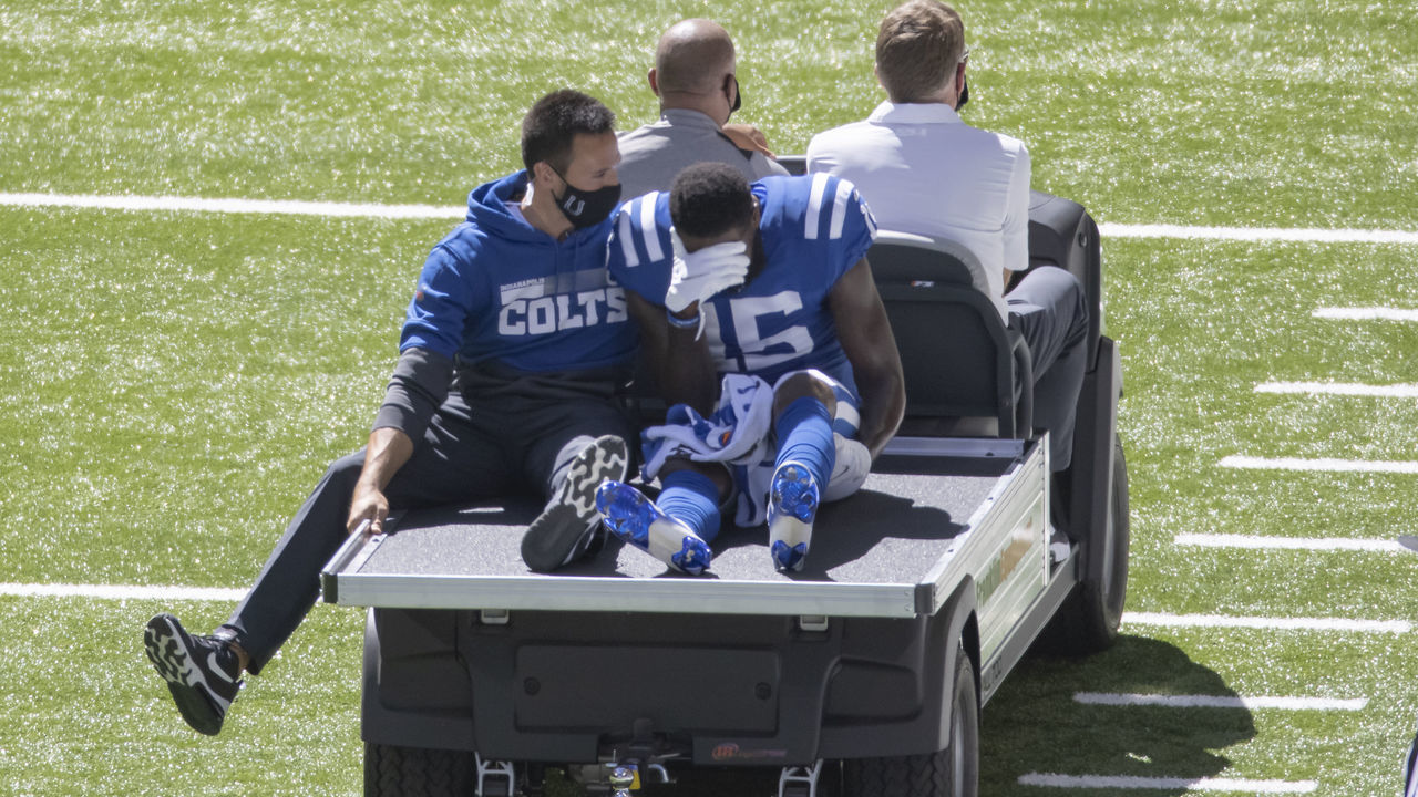 INDIANAPOLIS, IN - SEPTEMBER 20: Parris Campbell #15 of the Indianapolis Colts is carted off the field after a knee injury during the game against the Minnesota Vikings at Lucas Oil Stadium on September 20, 2020 in Indianapolis, Indiana.