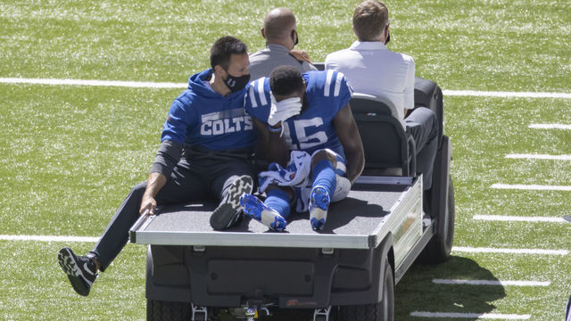 INDIANAPOLIS, IN - SEPTEMBER 20: Parris Campbell #15 of the Indianapolis Colts is carted off the field after a knee injury during the game against the Minnesota Vikings at Lucas Oil Stadium on September 20, 2020 in Indianapolis, Indiana.