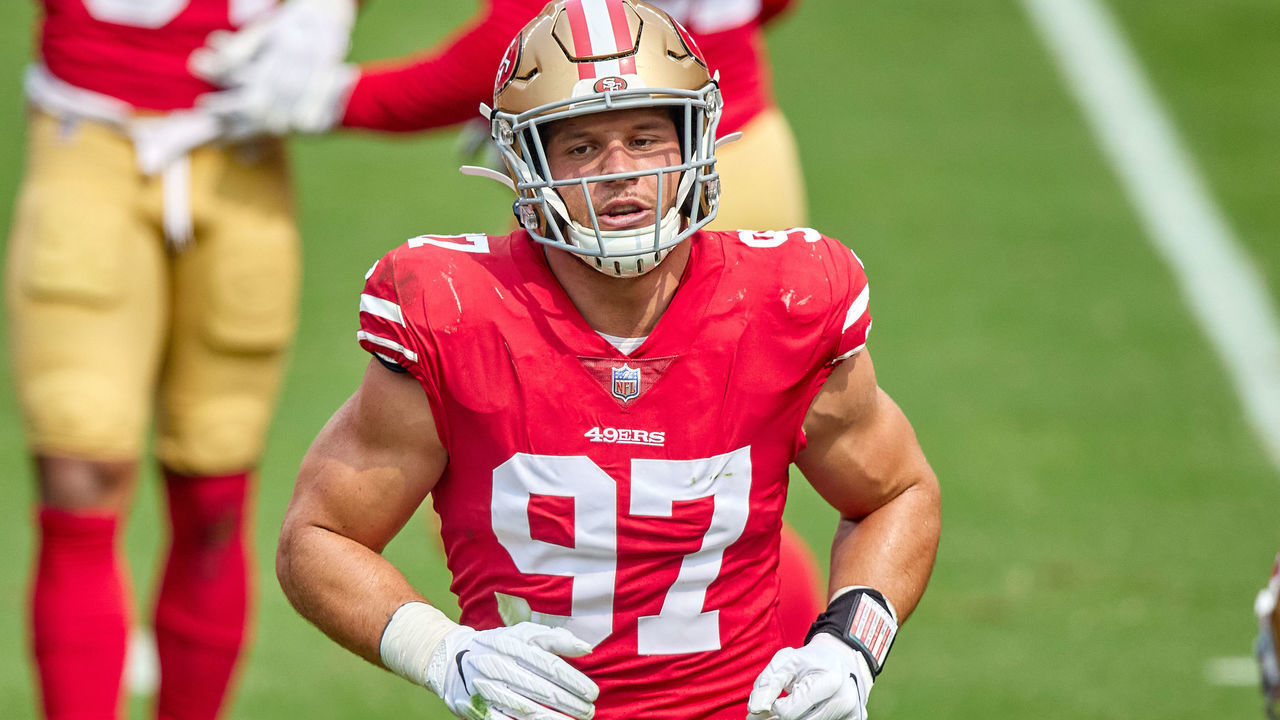 SAN FRANCISCO, CA - SEPTEMBER 13: San Francisco 49ers defensive end Nick Bosa (97) looks on during the NFL game between the San Francisco 49ers and the Arizona Cardinals on September 13, 2020, at Levi's Stadium in Santa Clara, California.