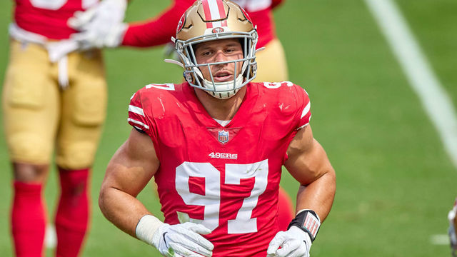 SAN FRANCISCO, CA - SEPTEMBER 13: San Francisco 49ers defensive end Nick Bosa (97) looks on during the NFL game between the San Francisco 49ers and the Arizona Cardinals on September 13, 2020, at Levi's Stadium in Santa Clara, California.