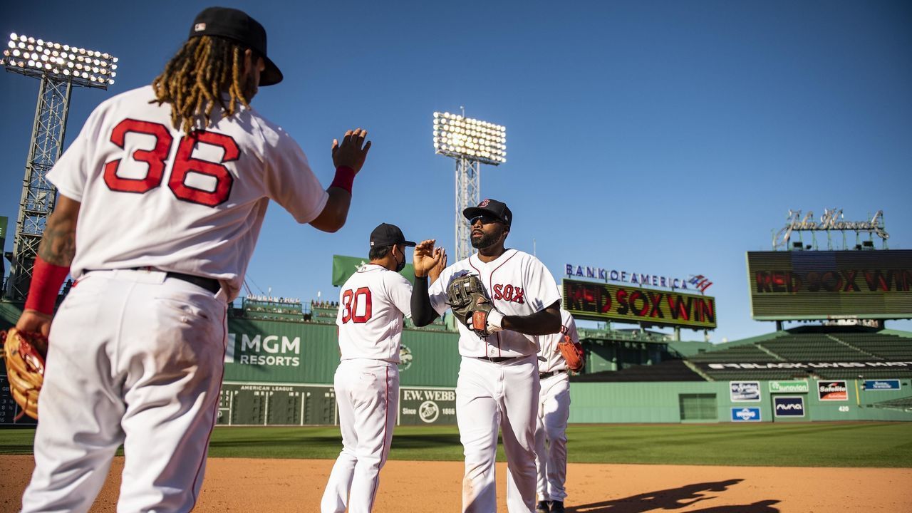 BOSTON, MA - SEPTEMBER 20: Jackie Bradley Jr. #19 of the Boston Red Sox celebrates a victory against the New York Yankees on September 20, 2020 at Fenway Park in Boston, Massachusetts. The 2020 season had been postponed since March due to the COVID-19 pandemic.