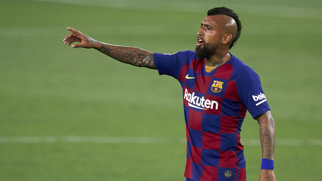 SEVILLE, SPAIN - JUNE 19: Arturo Vidal of FC Barcelona reacts during the Liga match between Sevilla FC and FC Barcelona at Estadio Ramon Sanchez Pizjuan on June 19, 2020 in Seville, Spain.
