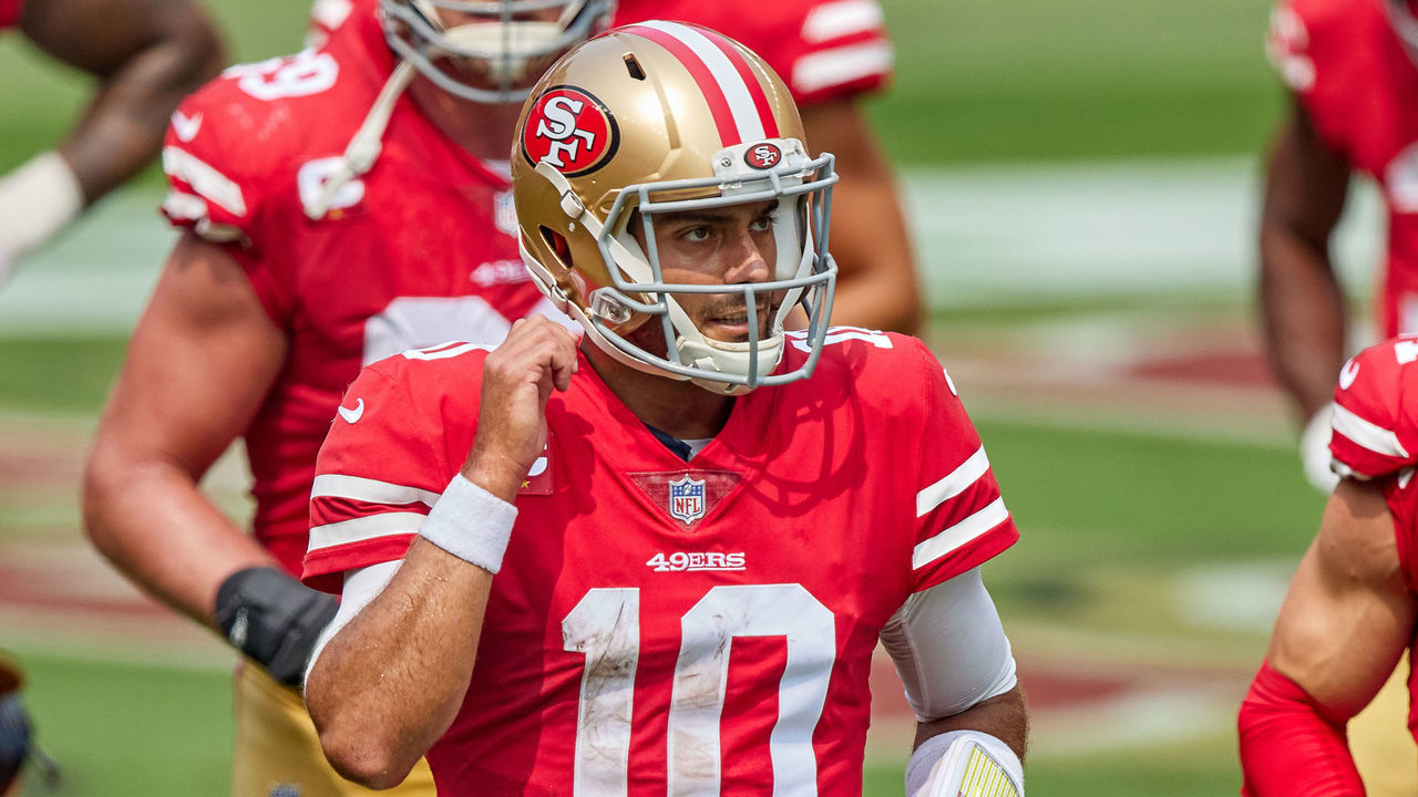 SAN FRANCISCO, CA - SEPTEMBER 13: San Francisco 49ers quarterback Jimmy Garoppolo (10) jogs off the field during the NFL game between the San Francisco 49ers and the Arizona Cardinals on September 13, 2020, at Levi's Stadium in Santa Clara, California.