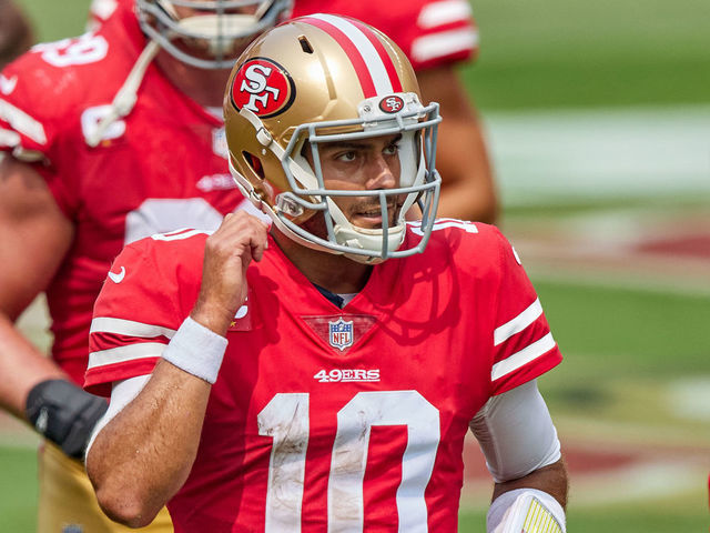 SAN FRANCISCO, CA - SEPTEMBER 13: San Francisco 49ers quarterback Jimmy Garoppolo (10) jogs off the field during the NFL game between the San Francisco 49ers and the Arizona Cardinals on September 13, 2020, at Levi's Stadium in Santa Clara, California.