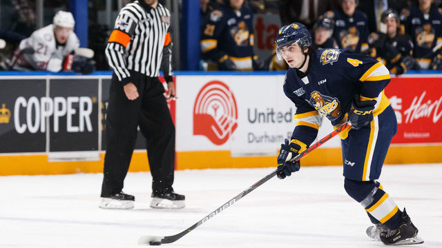 OSHAWA, ON - NOVEMBER 22: Jamie Drysdale #4 of the Erie Otters skates with the puck during an OHL game against the Oshawa Generals at the Tribute Communities Centre on November 22, 2019 in Oshawa, Ontario, Canada.