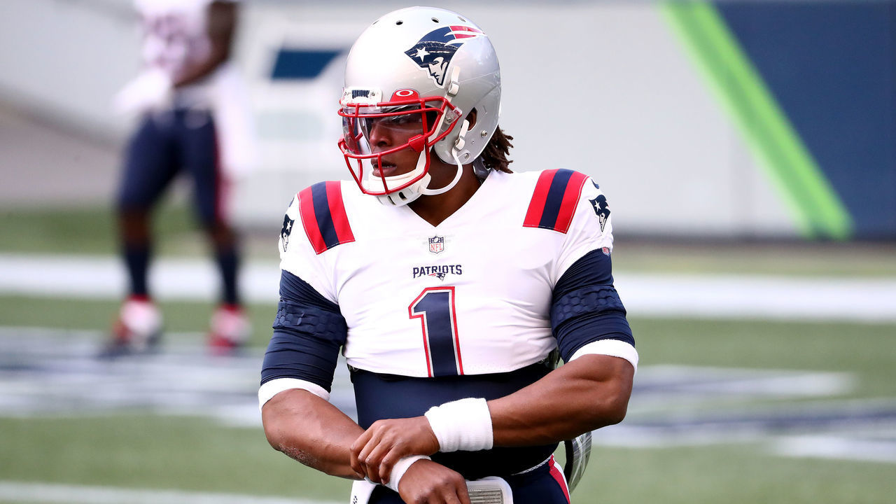 SEATTLE, WASHINGTON - SEPTEMBER 20: Cam Newton #1 of the New England Patriots warms up before a game against the Seattle Seahawks at CenturyLink Field on September 20, 2020 in Seattle, Washington.
