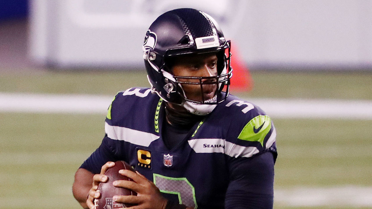 SEATTLE, WASHINGTON - SEPTEMBER 20: Russell Wilson #3 of the Seattle Seahawks looks to pass during the second half against the New England Patriots at CenturyLink Field on September 20, 2020 in Seattle, Washington.