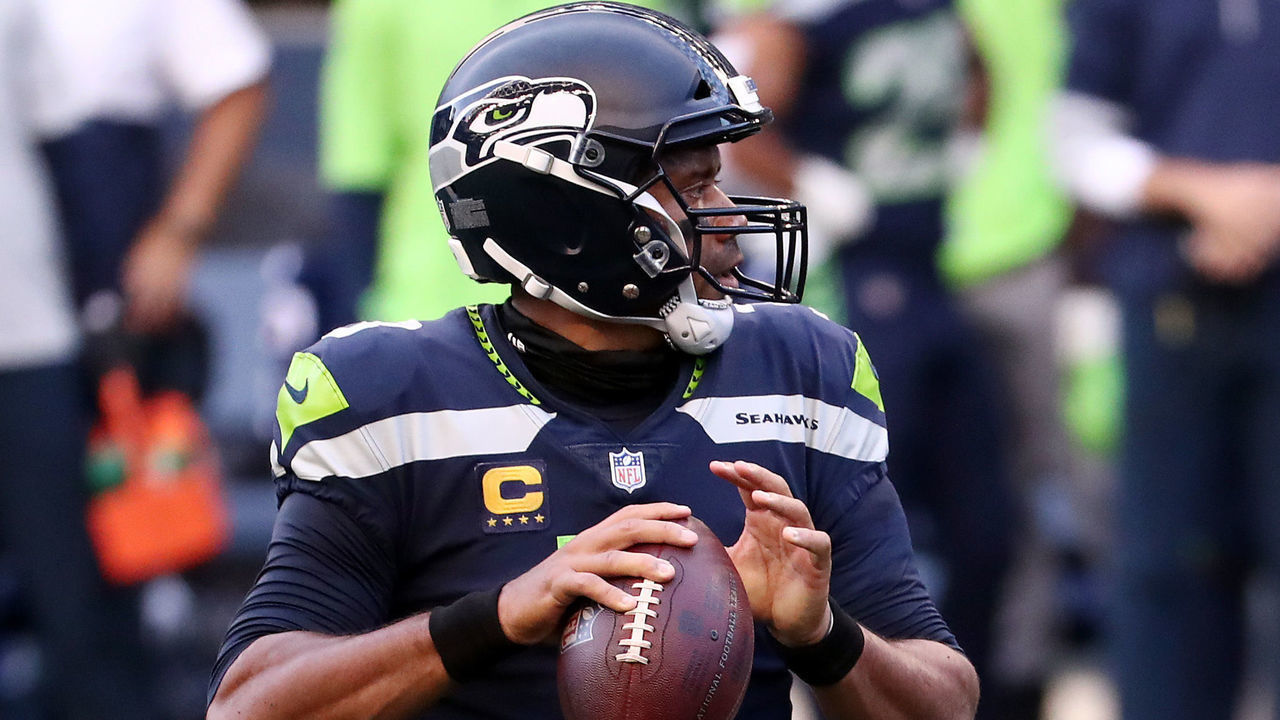 SEATTLE, WASHINGTON - SEPTEMBER 20: Russell Wilson #3 of the Seattle Seahawks looks to pass during the first half against the New England Patriots at CenturyLink Field on September 20, 2020 in Seattle, Washington.