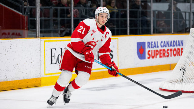 OTTAWA, ON - FEBRUARY 02: Sault Ste. Marie Greyhounds Defenceman Ryan O'Rourke (21) skates the puck around the net during Ontario Hockey League action between the Sault Ste. Marie Greyhounds and Ottawa 67's on February 2, 2020, at TD Place Arena in Ottawa, ON, Canada.