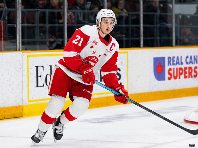 OTTAWA, ON - FEBRUARY 02: Sault Ste. Marie Greyhounds Defenceman Ryan O'Rourke (21) skates the puck around the net during Ontario Hockey League action between the Sault Ste. Marie Greyhounds and Ottawa 67's on February 2, 2020, at TD Place Arena in Ottawa, ON, Canada.