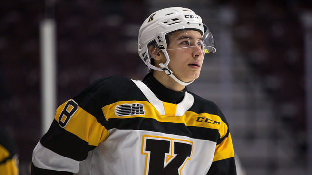 WINDSOR, ONTARIO - MARCH 01: Forward Martin Chromiak #8 of the Kingston Frontenacs skates prior to a game against the Windsor Spitfires at the WFCU Centre on March 01, 2020 in Windsor, Ontario, Canada.