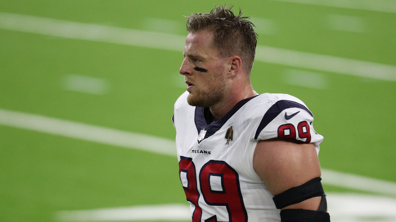 HOUSTON, TEXAS - SEPTEMBER 20: J.J. Watt #99 of the Houston Texans looks on during warm ups against the Baltimore Ravens at NRG Stadium on September 20, 2020 in Houston, Texas.