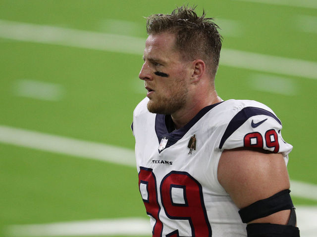 HOUSTON, TEXAS - SEPTEMBER 20: J.J. Watt #99 of the Houston Texans looks on during warm ups against the Baltimore Ravens at NRG Stadium on September 20, 2020 in Houston, Texas.