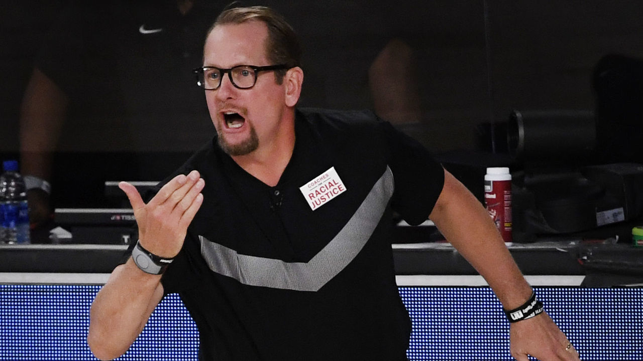 LAKE BUENA VISTA, FLORIDA - SEPTEMBER 03: Nick Nurse of the Toronto Raptors during the third quarter against the Boston Celtics in Game Three of the Eastern Conference Second Round during the 2020 NBA Playoffs at the Field House at the ESPN Wide World Of Sports Complex on September 03, 2020 in Lake Buena Vista, Florida.