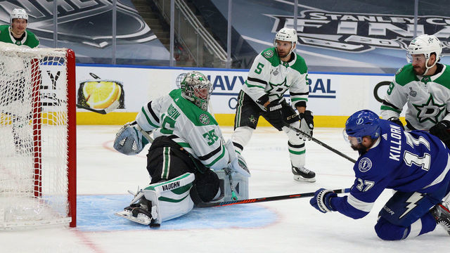 EDMONTON, ALBERTA - SEPTEMBER 19: Goaltender Anton Khudobin #35 of the Dallas Stars makes a toe save on shot on goal by Alex Killorn #17 of the Tampa Bay Lightning in the third period of Game One of the NHL Stanley Cup Final between the Dallas Stars and the Tampa Bay Lightning at Rogers Place on September 19, 2020 in Edmonton, Alberta, Canada.