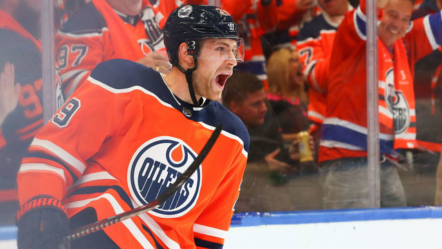 EDMONTON, AB - OCTOBER 02: Edmonton Oilers Winger Leon Draisaitl (29) celebrates his first goal of the season and the game during the Edmonton Oilers game versus the Vancouver Canucks on October 2, 2019 at Rogers Place in Edmonton, AB.