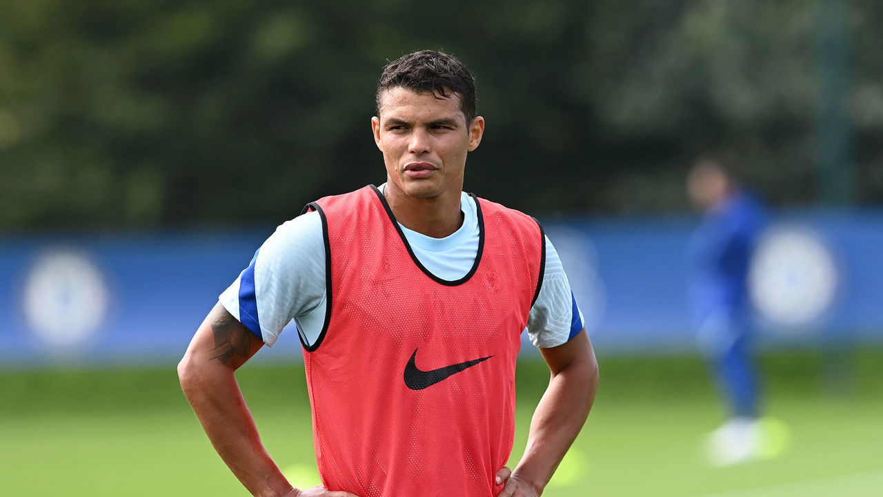 COBHAM, ENGLAND - SEPTEMBER 16: Thiago Silva and Ben Chilwell of Chelsea during a training session at Chelsea Training Ground on September 16, 2020 in Cobham, England.