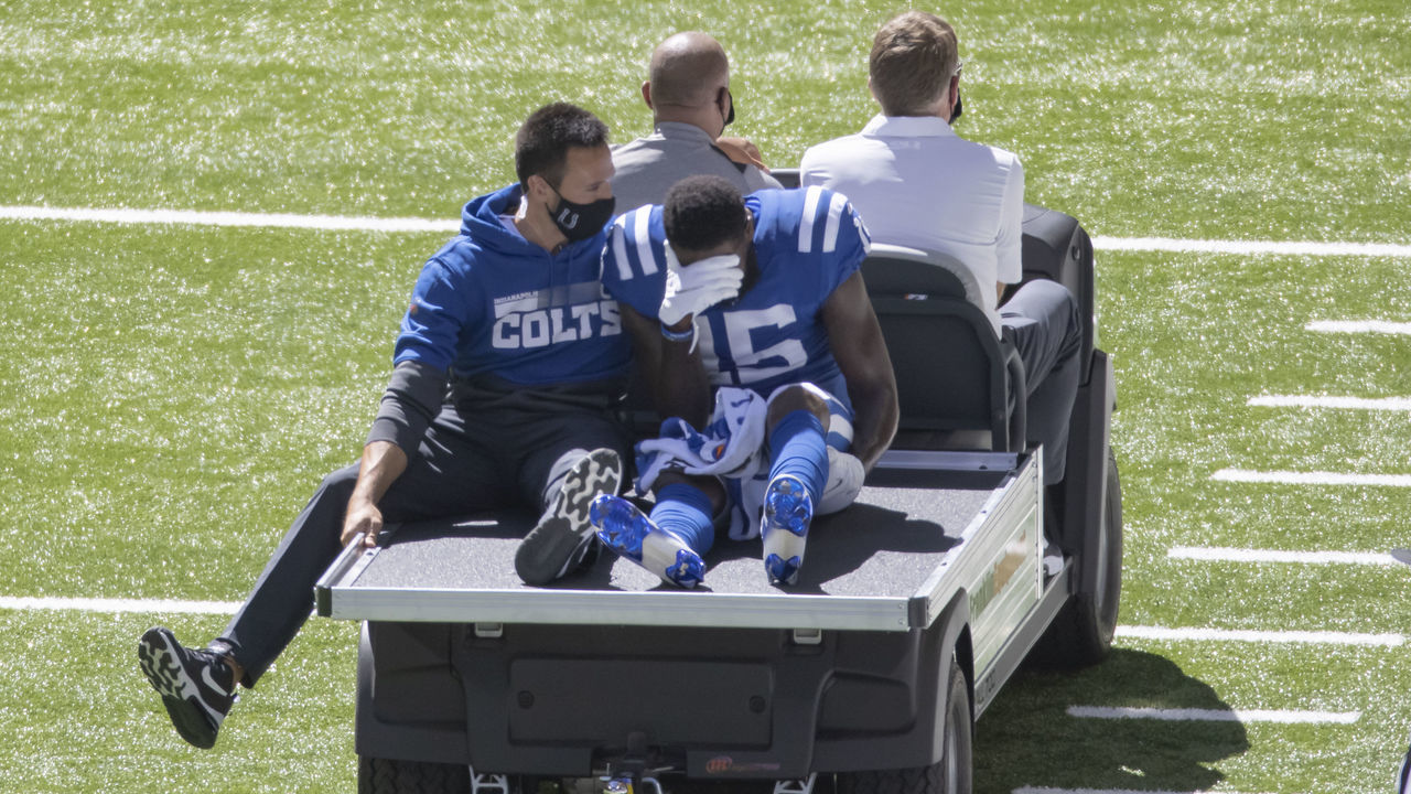 INDIANAPOLIS, IN - SEPTEMBER 20: Parris Campbell #15 of the Indianapolis Colts is carted off the field after a knee injury during the game against the Minnesota Vikings at Lucas Oil Stadium on September 20, 2020 in Indianapolis, Indiana.