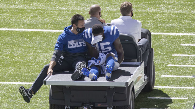 INDIANAPOLIS, IN - SEPTEMBER 20: Parris Campbell #15 of the Indianapolis Colts is carted off the field after a knee injury during the game against the Minnesota Vikings at Lucas Oil Stadium on September 20, 2020 in Indianapolis, Indiana.