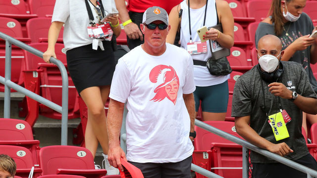 TAMPA, FL - SEP 20: Pro Football Hall of Famer Brett Favre shows his support by wearing the Tom Brady version of the Bucco Bruce vintage Bucs t-shirt before the regular season game between the Carolina Panthers and the Tampa Bay Buccaneers on September 20, 2020 at Raymond James Stadium in Tampa, Florida.