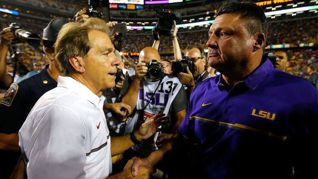 BATON ROUGE, LA - NOVEMBER 05: Head coach Nick Saban of the Alabama Crimson Tide shakes hands with head coach Ed Orgeron of the LSU Tigers after their 10-0 win at Tiger Stadium on November 5, 2016 in Baton Rouge, Louisiana.