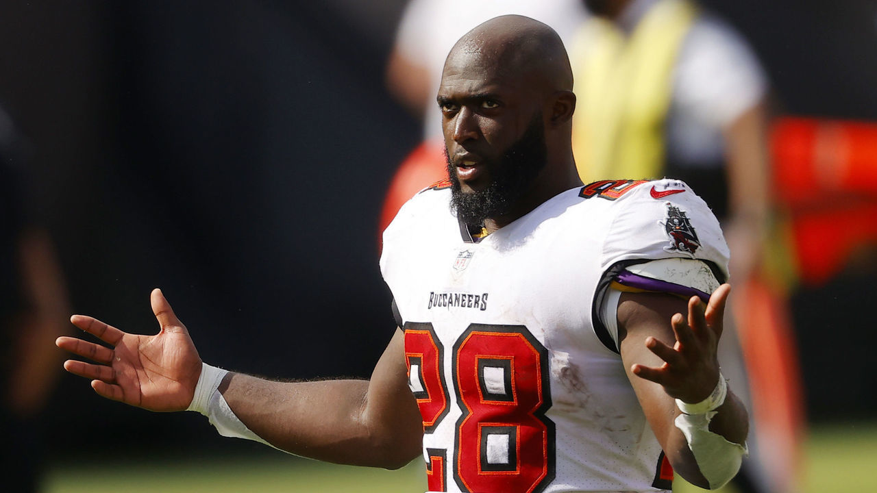 TAMPA, FLORIDA - SEPTEMBER 20: Leonard Fournette #28 of the Tampa Bay Buccaneers walks off the field after defeating the Carolina Panthers 31-17 at Raymond James Stadium on September 20, 2020 in Tampa, Florida.