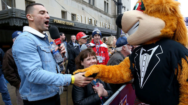 ST LOUIS, MISSOURI - JANUARY 24: NHL alumnus Paul Bissonnette greets mascot Nordy of the Minnesota Wild on the red carpet at the 2020 NHL All-Star Skills Competition at Enterprise Center on January 24, 2020 in St Louis, Missouri.