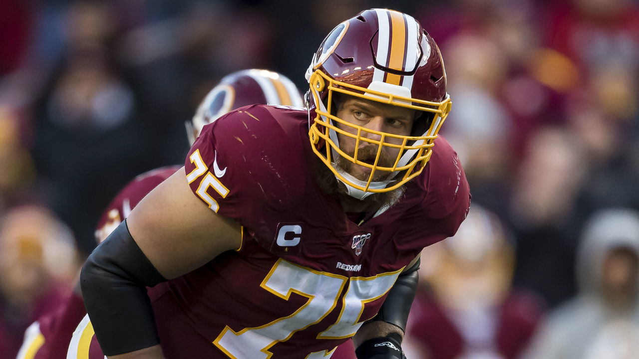 LANDOVER, MD - NOVEMBER 24: Brandon Scherff #75 of the Washington Redskins lines up against the Detroit Lions during the second half at FedExField on November 24, 2019 in Landover, Maryland.