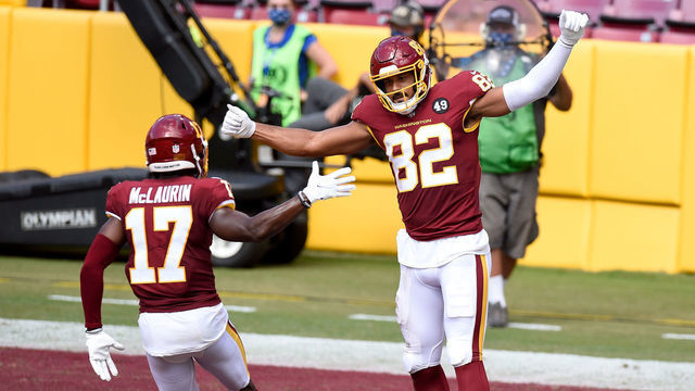 LANDOVER, MD - SEPTEMBER 13: Logan Thomas #82 of the Washington Football Team celebrates after scoring a touchdown in the second quarter against the Philadelphia Eagles at FedExField on September 13, 2020 in Landover, Maryland.