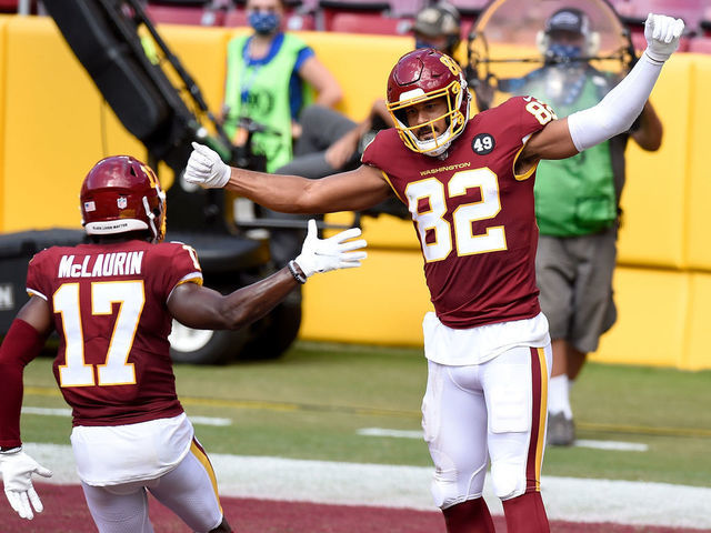LANDOVER, MD - SEPTEMBER 13: Logan Thomas #82 of the Washington Football Team celebrates after scoring a touchdown in the second quarter against the Philadelphia Eagles at FedExField on September 13, 2020 in Landover, Maryland.