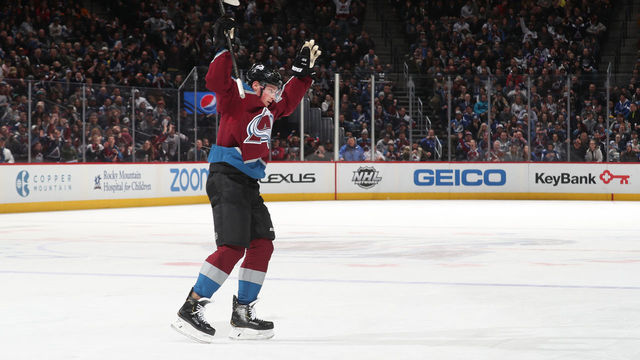 DENVER, COLORADO - FEBRUARY 17: Cale Makar #8 of the Colorado Avalanche celebrates a goal against the Tampa Bay Lightning at Pepsi Center on February 17, 2020 in Denver, Colorado. The Lightning defeated the Avalanche 4-3 in overtime.