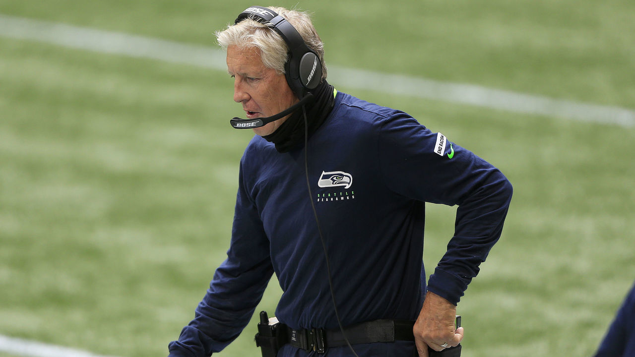 ATLANTA, GA - SEPTEMBER 13: Head coach Pete Carroll of the Seattle Seahawks paces the sidelines during the NFL Week 1 game between the Atlanta Falcons and the Seattle Seahawks on September 13, 2020 at Mercedes-Benz Stadium in Atlanta, Georgia.