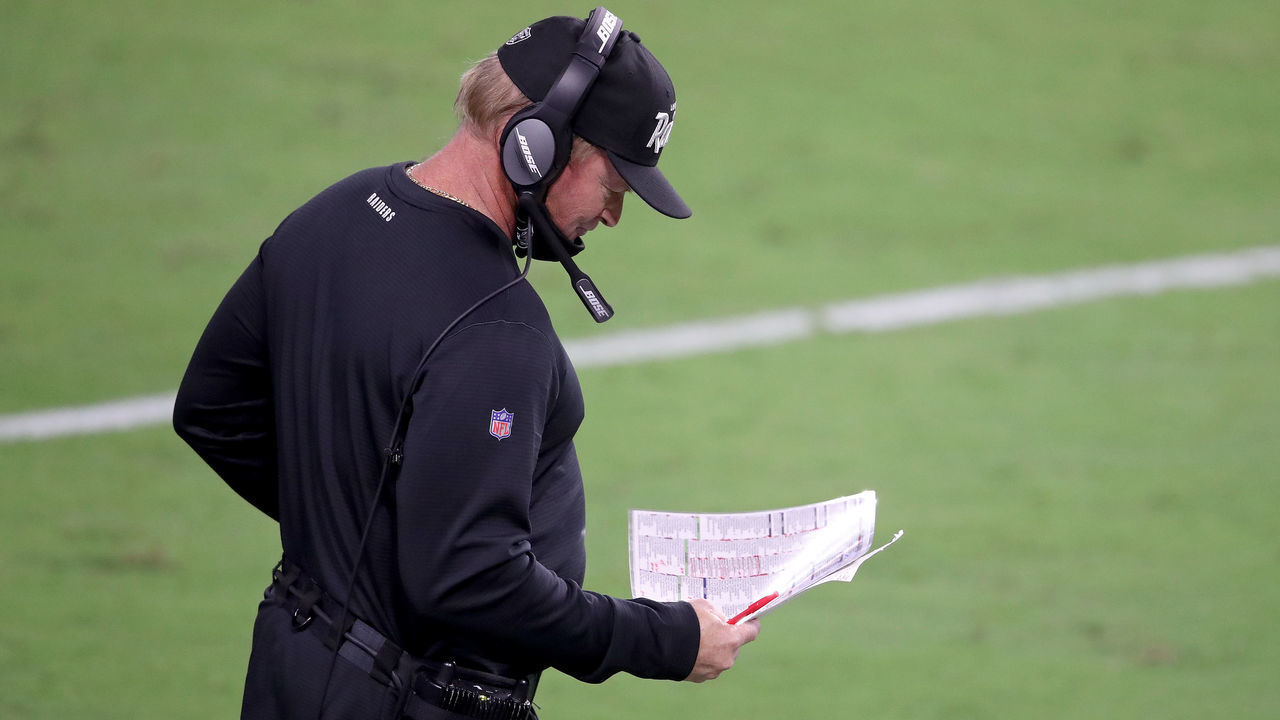 LAS VEGAS, NEVADA - SEPTEMBER 21: Head coach Jon Gruden of the Las Vegas Raiders looks plays against the New Orleans Saints at Allegiant Stadium on September 21, 2020 in Las Vegas, Nevada.