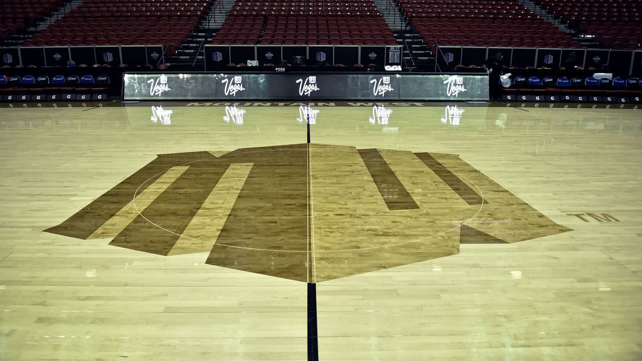 LAS VEGAS, NEVADA - MARCH 16: The Mountain West Conference logo is seen before the championship game of the Mountain West Conference basketball tournament between the Utah State Aggies and the San Diego State Aztecs at the Thomas & Mack Center on March 16, 2019 in Las Vegas, Nevada.