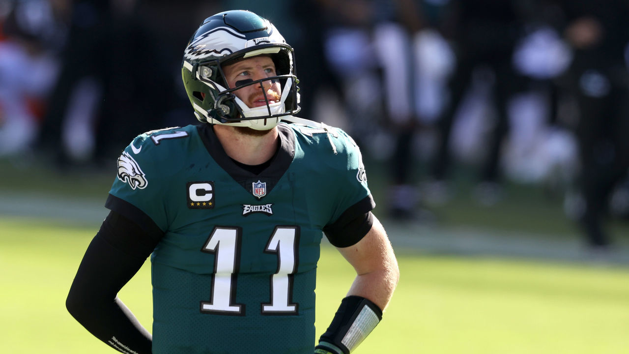 PHILADELPHIA, PENNSYLVANIA - SEPTEMBER 20: Quarterback Carson Wentz #11 of the Philadelphia Eagles looks on against the Los Angeles Rams in the second half at Lincoln Financial Field on September 20, 2020 in Philadelphia, Pennsylvania.