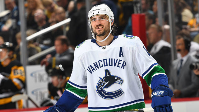 PITTSBURGH, PA - OCTOBER 16: Christopher Tanev #8 of the Vancouver Canucks skates against the Pittsburgh Penguins at PPG Paints Arena on October 16, 2018 in Pittsburgh, Pennsylvania. *** Local Caption ***