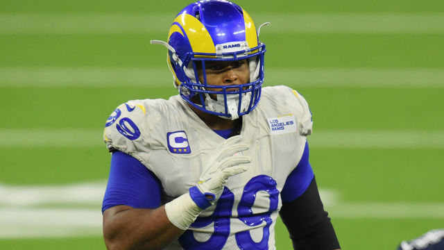 INGLEWOOD, CALIFORNIA - SEPTEMBER 13: Aaron Donald #99 of the Los Angeles Rams looks on during the fourth quarter against the Dallas Cowboys at SoFi Stadium on September 13, 2020 in Inglewood, California.
