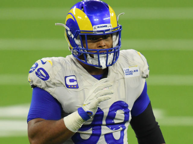 INGLEWOOD, CALIFORNIA - SEPTEMBER 13: Aaron Donald #99 of the Los Angeles Rams looks on during the fourth quarter against the Dallas Cowboys at SoFi Stadium on September 13, 2020 in Inglewood, California.